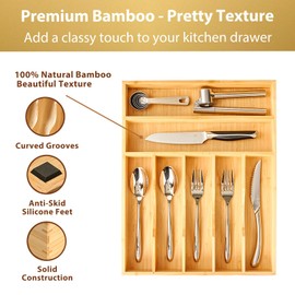 Umilife Bamboo Kitchen Drawer Organizer, 13 Inch Silverware Utensil Tray Holder, Extra Deep Grooved Drawer Divider, 7 Slots Total Bamboo Wood Caddy for Flatware Cutlery Knives, Forks, Spoons