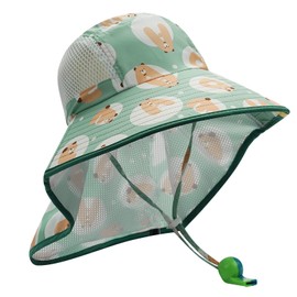 Clakllie Children's Sun Hat Wide Brim Baby Fishing Hat UPF50+ Hat with Neck Protection Adjustable Bucket Hat Bucket Hat with Adjustable Chin Strap, BAY02-Green Bear