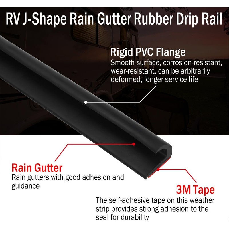 RV J-Shape Rain Gutter Rubber Drip Rail 40Ft with Gutter