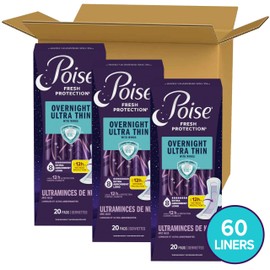 Poise Overnight Ultra Thin Incontinence & Postpartum Pads with Wings for Bladder Leaks, 8 Drop Extra Absorbent, Long Length, 60 Count (3 Packs of 20)