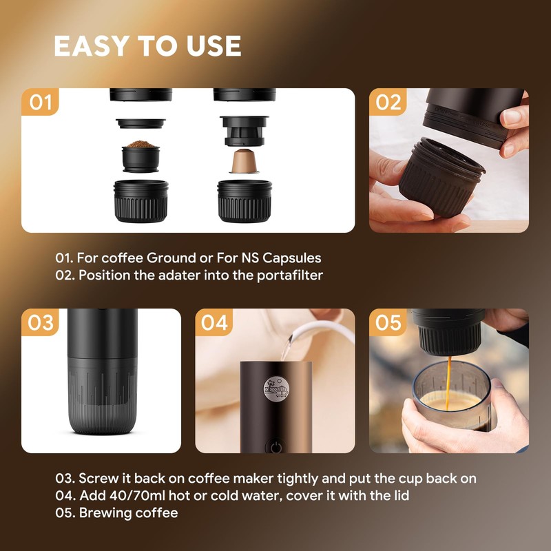 RECAFIMIL Portable 2-in-1 Coffee Maker, Portable 20 Bar Espresso Machine