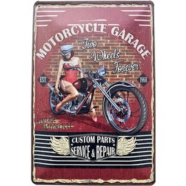 DekoNo7 Tin Sign 30 x 20 cm Motorcycle Garage Two Wheels Forever Custom Parts Service & Repair