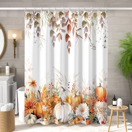 ChloropLastid Fall Pumpkin Shower Curtain Autumn Maple Leaves Watercolor Floral Bathroom Curtains Thanksgiving Harvest Waterproof Fabric Machine Washable Bath Curtain Set 72x72 inch