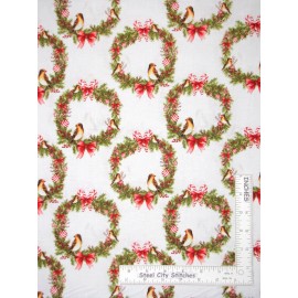 Three Wishes Fabric Christmas Winter Forest Wreath Bird Bow Cotton Fabric 3 Wishes By The Yard