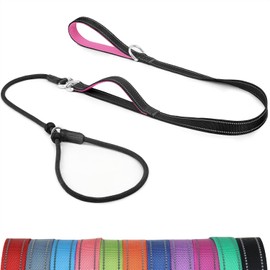 Erbine 6FT Slip Lead Dog Leash with Double Padded Handle, Anti-Tangle Slip Leads for Dogs, Reflective Nylon No-Pull Training Leash for Small Medium Dogs, Black/Hot Pink