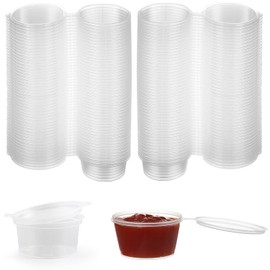 [100 PACK - 1.5 oz] Leak Proof Plastic Condiment Souffle Containers with Attached Airtight Portion Cup with Hinged Lid for Sauces, Samples, Slime, Jello Shot, Storage, Craft