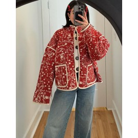 Yimoon Women's Cropped Puffer Quilted Jacket Vintage Floral Print Open Front Lightweight Short Jacket Outwear (RedFloral-XS)