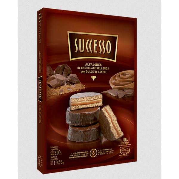 Successo Alfajores de Chocolate Milk Chocolate Alfajores Filled with Dulce de Leche - Trans Fat Free, 300 g / 10.56 oz (box of 6 alfajores)