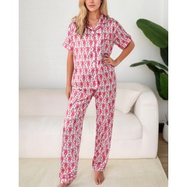 HINFEL 4PCS Satin Pjs for Women Set, Cute Silk Monkey Button Down Pajamas Set Y2k Bridal Loungewear Preppy Clothes Valentine's Day Birthday Gift(Pink, X-Small)