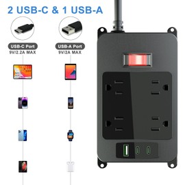 Outdoor Power Strip with USB C, Heavy Duty Waterpoof Surge Protector with 4 Outlets, 2 USB C Ports, 6ft Flat Plug Extension Cord Wall Mount for Bathroom, Kitchen