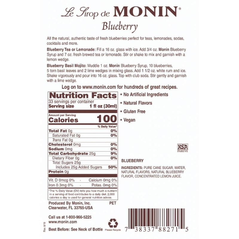 Monin - Blueberry Syrup, Mildly Sweet & Tart Blueberry Flavor,