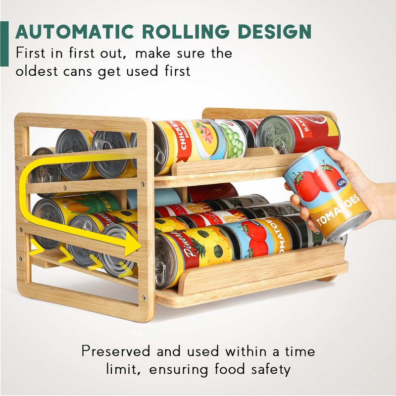 Yumkfoi Rolling Bamboo Can Organizer Rack, Stackable Double-Layer Can Organizers