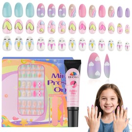 EBANKU 78 Pcs Kid Press on Nails Short, Colorful Heart Fake Nails for Girls 8-12 Years Full Cover Stick On False Nails Tip Kit with Jelly Nail Adhesives & Builder Glue, 3 Packs 13 Sizes