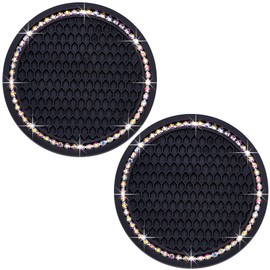 MEAJOO 2PCS Bling Cup Holder Coaster, 2.75 Inch Auto Car Cup Holder Insert Coasters, Soft Silicone Anti-Slip Shockproof, Universal Vehicle Interior Accessories for Women Girls (Black & Colorful)