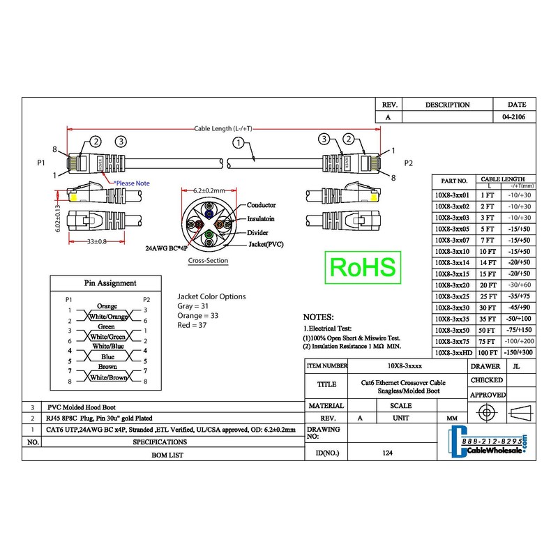 CableWholesale Cat6 Ethernet Crossover Cable, 24AWG, RJ45 Gold Plate Connector,