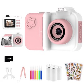 MISIRUN Kids Camera Instant Print, Christmas Birthday Gifts Toys for Girls Boys Age 4 5 6 7 8 9 10 11 12 Years Old,1080P HD Dual-Lens Selfie Digital Camera with 5 Rolls Print Paper Stickers Pens & 32G Card - Color: White pink