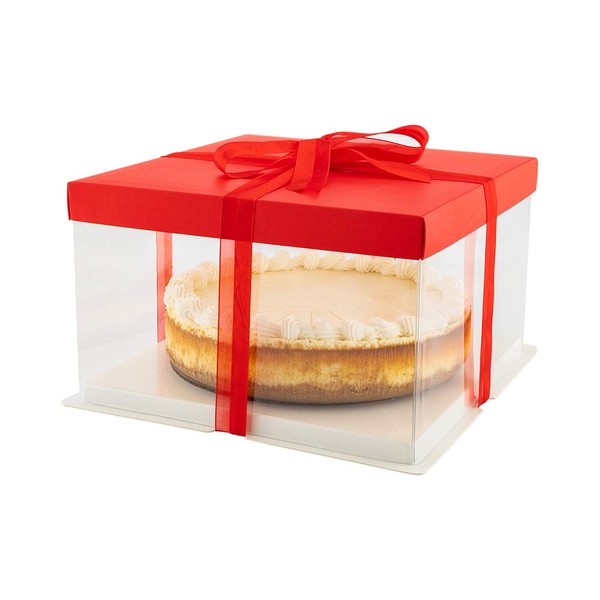 Restaurantware Sweet Vision 10 Inch x 8.25 Inch Transparent Cake Boxes, 10 Grease Resistant Base Clear Cake Boxes - Red Lid, Red Ribbon, Plastic Birthday Cake Boxes, For Weddings Or Birthdays