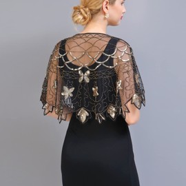 vimate Vintage Wrap Shawl, 1920s Costume Beaded Shawl for Women Gatsby (Style 3-Black & Glod)