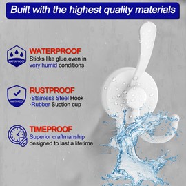 Bntuk Suction Cup Hooks, Large Double Shower Hooks for Inside Shower, Heavy Duty Suction Hook for Glass Window, Double Hook for Hanging Bath Towels - 2 Pack, White