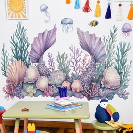 Under The Sea World Wall Stickers - Removable Mermaid & Ocean Life Decals with Coral, Jellyfish & Fish - DIY Peel and Stick Sea Theme Wall Art for Kids Bedroom, Nursery, Classroom Decor