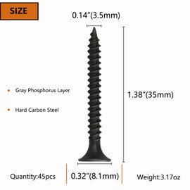 ELOOGAA 45pcs 1-3/8 inches Black Wood Screws,Wood Screws for Drywall,Phillips Drive Self Tapping Dry Wall Screws