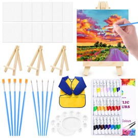 ZZBIFRJ 29 Piezas Juego Pintura Para Niños, Juego Pintura Acrílica para Niños con Pintura Acrílica 24 Colores, 12 Mini Lienzos, 10 Pinceles, 3 Caballetes, 1 Batas y 2 Paleta Arte