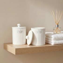 Ronasip White Ceramic Bathroom Organizer and Storage Jars with Lid, 2 Pack Qtip Holder and Cotton Pad Dispenser, Apothecary Canisters for Vanity, Kitchen Countertop, Home Decor