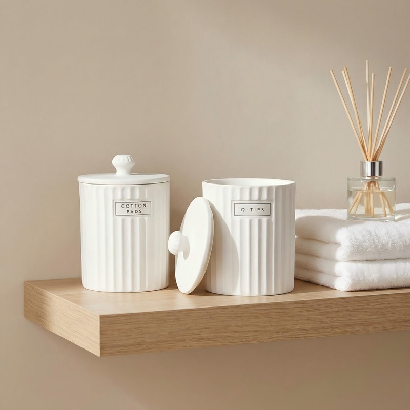 Ronasip White Ceramic Bathroom Organizer and Storage Jars with Lid,