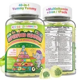 NEVISS Kids 4+ & Teens Super Greens 40-in-1 Gummies w/Multivitamin, Omega3 Iron, D3K2, Picky Eater Organic Super Fruits Veggies Superfood Gummy, Mushroom, Lutein | Immune Bone Brain Energy, Sugar Free