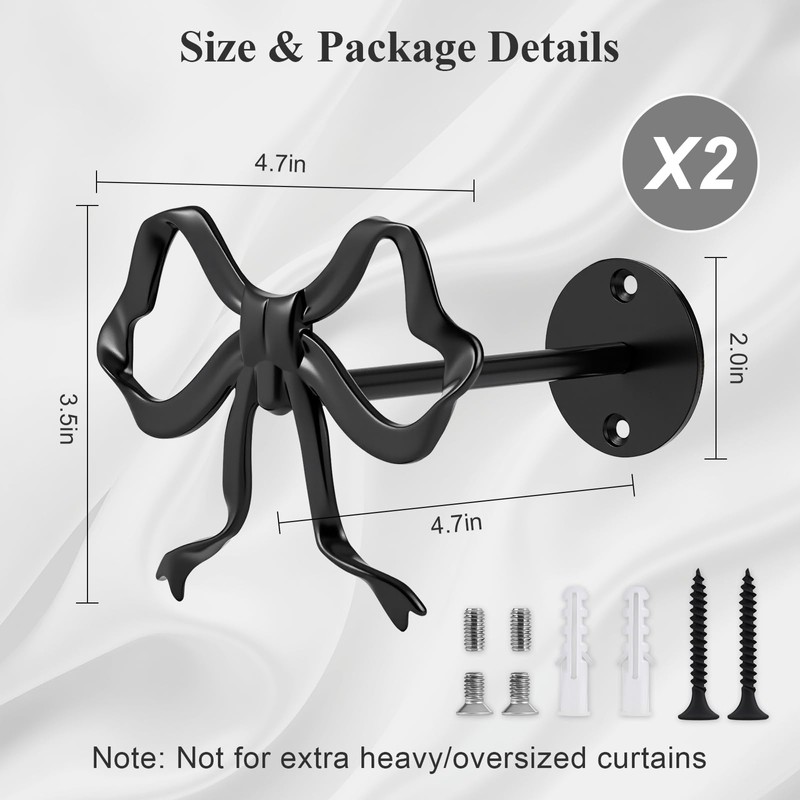 Tocemei 2 Pack Black Bow Curtain Holdbacks, Modern Matte Metal