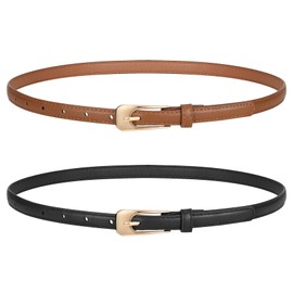 LEACOOLKEY 2 Pack Women Thin Leather Belts Ladies Skinny Waist Belt for Dresses Jeans 0.55" Width, A-black+brown, 51": Suit for waist size 41"-45"
