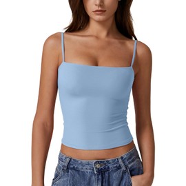 QINSEN Women's Basic Solid Cami Undershirt Spaghetti Strap Double Layer Crop Tank Top Light Blue M