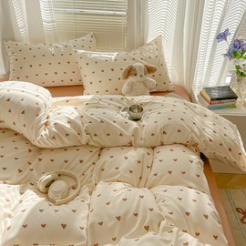 Covebett Bed Linen Heart 135 x 200 cm Beige Brown Hearts Pattern Aesthetic Cute Duvet Cover Set Romantic Hearts Heart Pattern Microfibre Single Bed Duvet Cover and Pillowcase 80 x 80 cm Zip