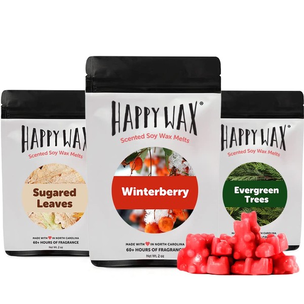 Happy Wax Winter Wonderland Collection Scented Natural Soy Wax Melts – 6 Total Oz. of Scented Wax Melts, Collection Includes 2oz Sugared Leaves, 2oz Winterberry, 2oz and Evergreen Trees