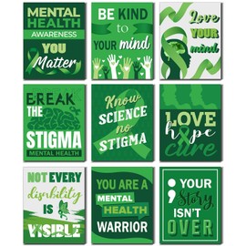 Funrous 9 Pcs Mental Health Month Awareness Posters for Classroom Green Ribbon Themed Bulletin Board Poster Psychology Educational Therapy Office Decor for Student Teacher Calm Corner Wall Supplies