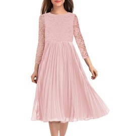 HOSIKA Girls Flower Dress A-Line Round Neck Chiffon Vintage Lace Wedding Junior Bridesmaid Dress Pink 12 Years