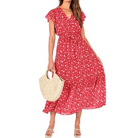 BTFBM Women Summer Bohemian Floral Casual Wrap V Neck Ruffle Cap Sleeveless Belt A-Line Pleated Hem Swing Midi Sun Dress (Floral White Red, Medium)