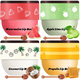 4 piezas de bálsamo labial de abeja en tarro de miel, bálsamo labial de miel, sandía, manzana y coco, mascarilla para dormir durante la noche con palitos, exfoliante de labios que previene la