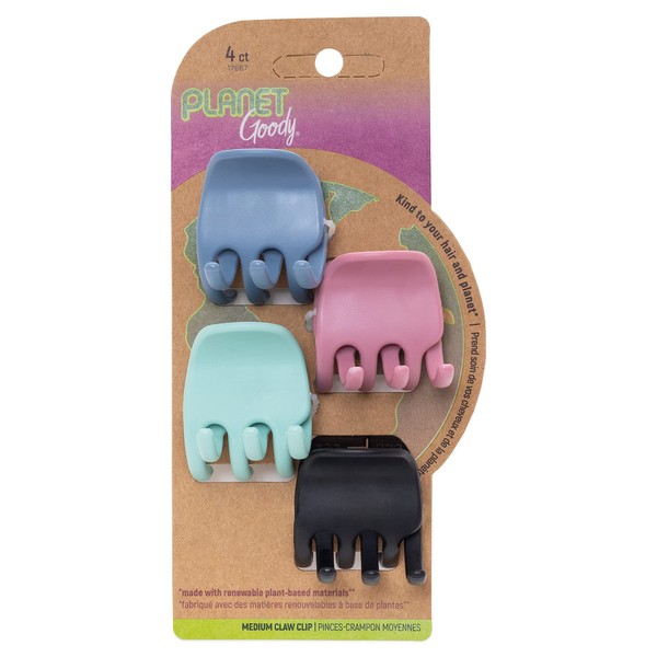 Planet Goody Plant-Based Heritage Claw Clips, Medium, Extra Strong, Bright Colors, Pink, Periwinkle, Green, And Black, 4 Count