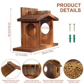 Squirrel Feeder, Wooden Hanging Feeding Station with 2 Entrances and Seat Platforms, Weatherproof Ventilation System for Dry Squirrel Food