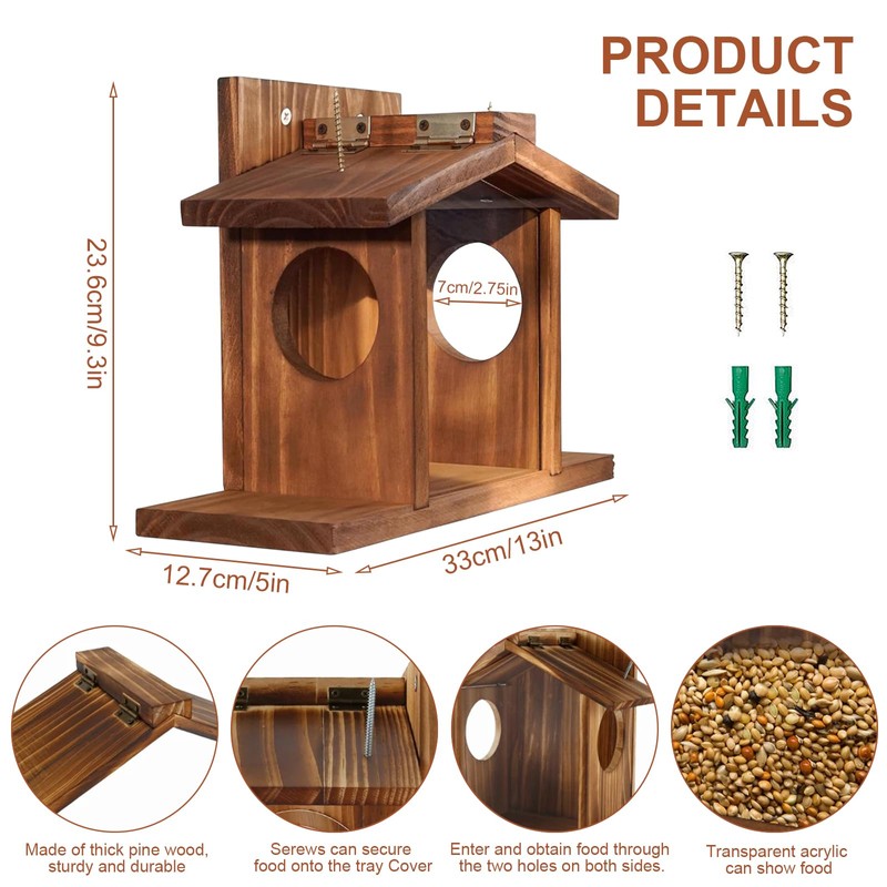 Squirrel Feeder, Wooden Hanging Feeding Station with 2 Entrances and