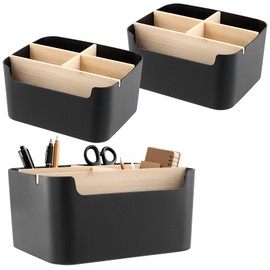 SINJEUN Pack of 3 Desk Organiser, Black, Table Organiser Office with 5 Compartments, Pen Holder, Desk Desktop Organiser for Home, Office, 18.2 x 14.6 x 9.3 cm