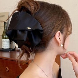 Fesanla Hair Clip, Ribbon, Hair Claw Large, Hair Accessory, Satin, Stylish, Adults, Barrette, Hair Clip, Hair Ornament, For Daily Use, Weddings, Recitals, Elegant, Black