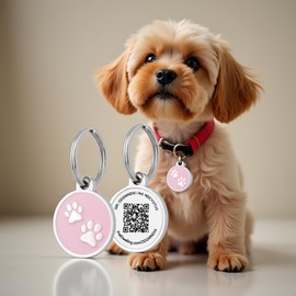 Pet Dwelling Mini Paw QR Code Pet ID Tag – Small Dog & Cat ID Tag for Pet Safety, Free Personalized Online Profile & Instant Scan Alerts, Waterproof – Pink Mini