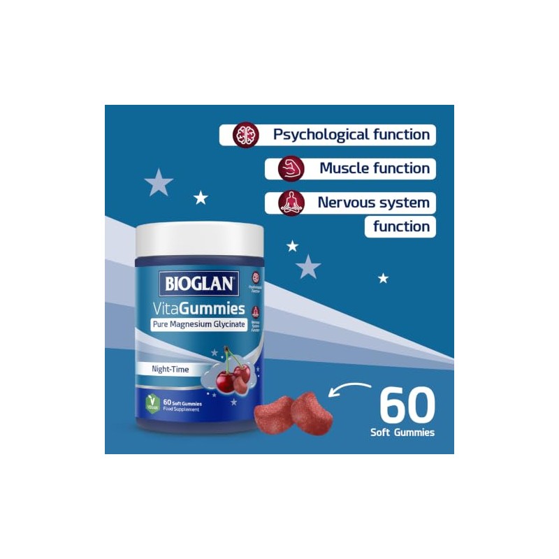 Bioglan VitaGummies Pure Magnesium Glycinate Night-Time Gummies, 100mg Magnesium Bisglycinate,