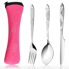WitBicg Göffel 3-Piece Travel Cutlery Set, Camping Cutlery to Take Away, 1 Person, Reusable, Stainless Steel, Suitable for School, Office, Company, Camping Cutlery with Carry Bag (Pattern - Red)