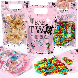 Sweetude 50 Pcs Bad Two The Bone Gift Bags Double-sided Print Plastic Bags with Handles Resealable Theme Sealed Pouch for Birthday Baby Shower Candy Gift Wrapping Supplies Decor (Bad Two The Bone)