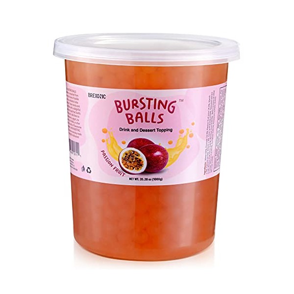 BREXONIC Popping Boba Pearls Bursting Tea Balls Drink & Dessert Topping Strawberry Mango Blueberry Passion Fruit Flavored Bubble Tea Pearls (Passion Fruit, 2 LB Pack of 1)