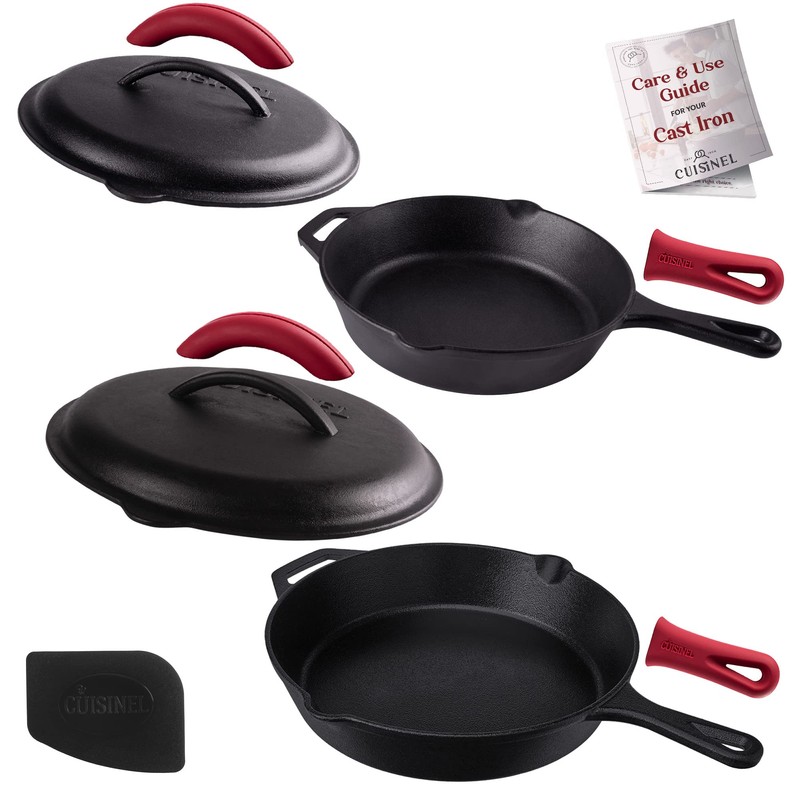 Cast Iron Skillet Set with Lids - 10"+12"-inch Pre-Seasoned Covered