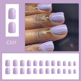 Lavender Press on Nails Short Square Fake Nails Solid Color False Nails Press ons,Glossy Artificial Nails Full Cover Glue on Nails Stick to Nails for Women Nails Manicure 24 Pcs